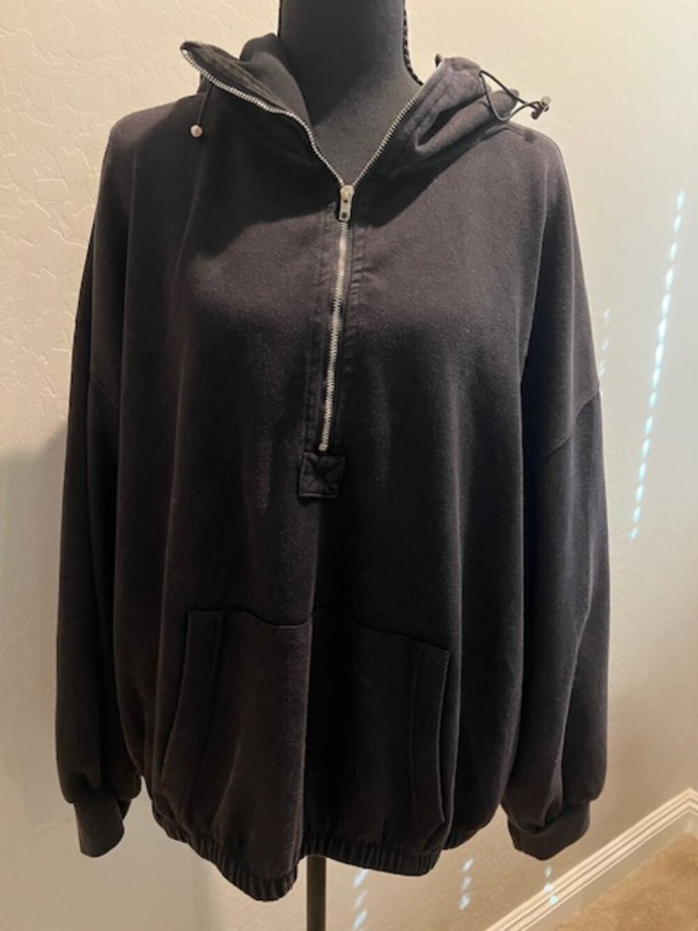 White Birch Black Half Zip Hoodie XL/Oversized Elastic Hem Pullover Pocket